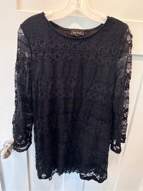 Cal Style Black Lace Dress Medium Made USA Long Sleeve Scalloped Hem